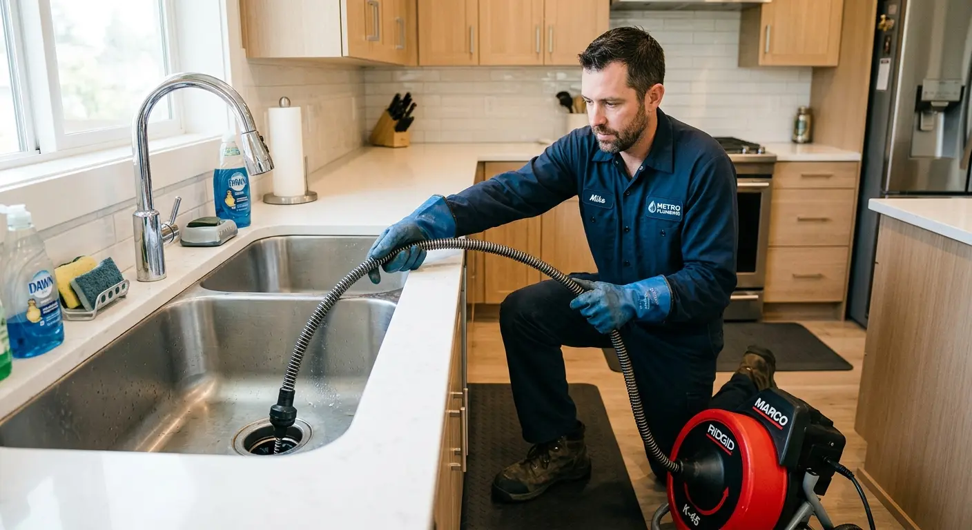 Drain cleaning technician using a motorized snake on a kitchen sink in La Mirada