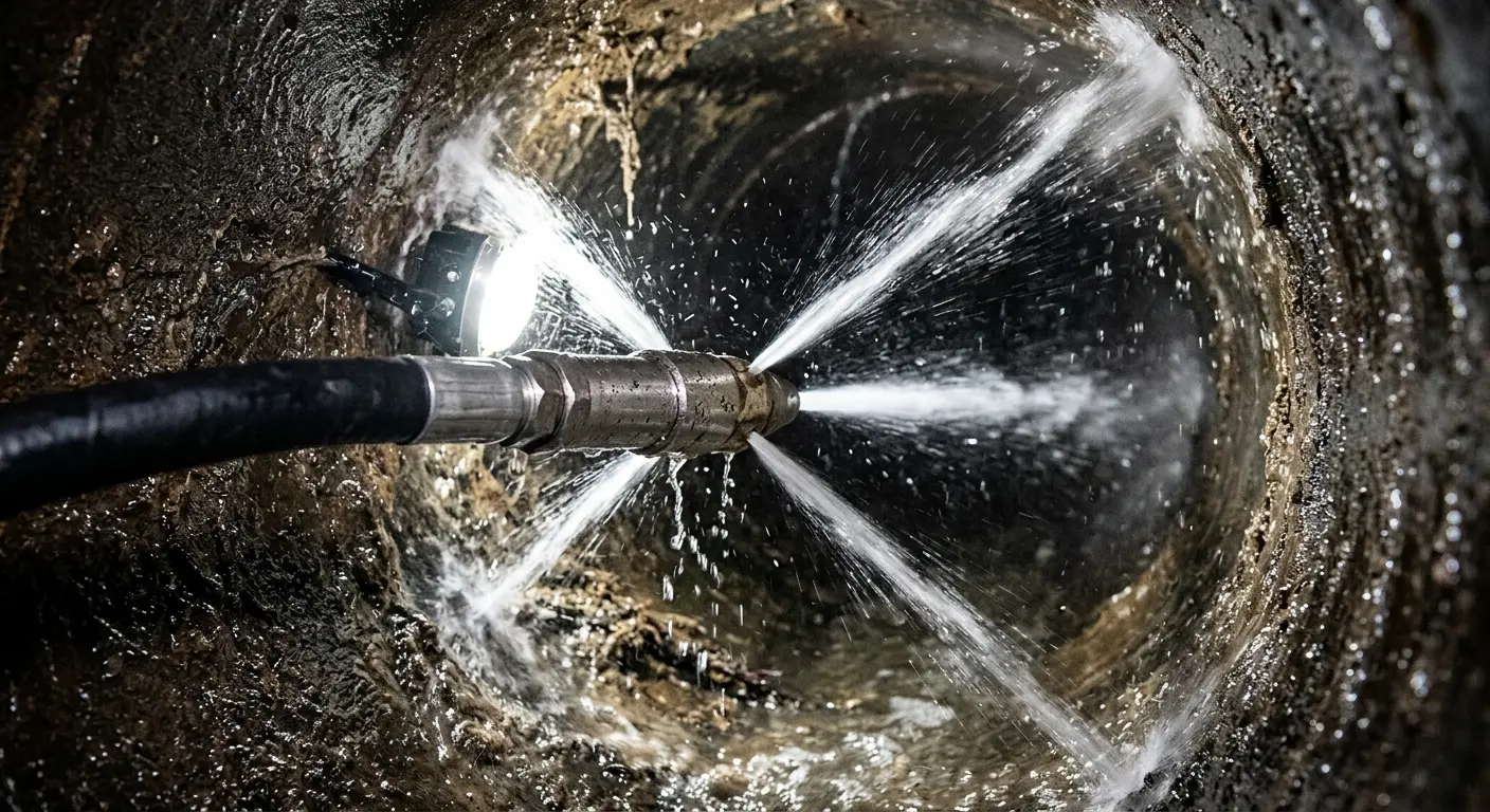 High-pressure hydro jetting nozzle cleaning sewer pipe for Trenchless Sewer Repair in La Mirada