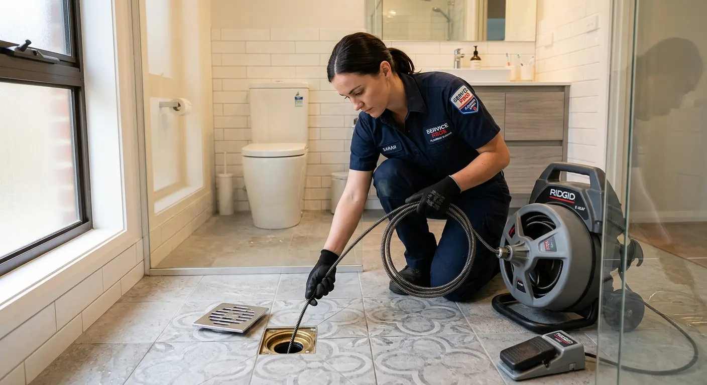 Technician clearing a bathroom floor drain for Drain Cleaning in La Mirada